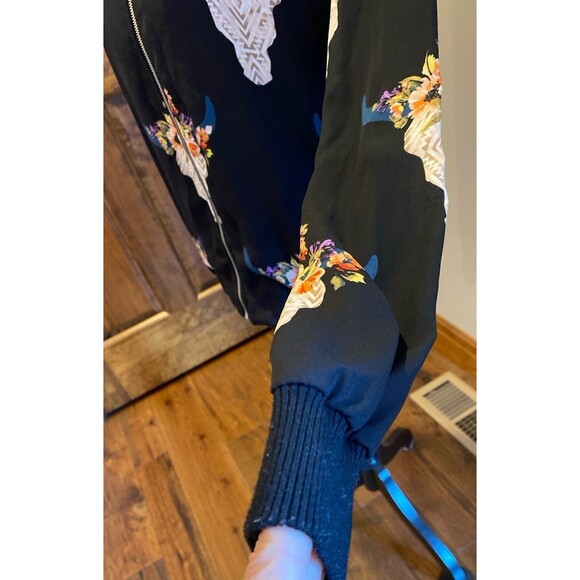 Fab’rik Bomber Jacket Size Medium Bison Head Floral Full Zip Front Lightweight - Picture 4 of 11